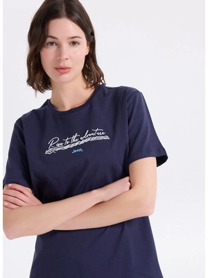 Jeep Bisiklet Yaka Baskılı Lacivert Kadın T-Shirt J6SL-TST7175