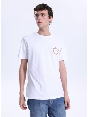 Mustang Bisiklet Yaka Baskılı Ekru Erkek T-Shirt M6SM-TST1589