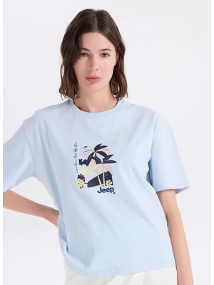 Jeep Bisiklet Yaka Baskılı Mavi Kadın T-Shirt J6SL-TST7178