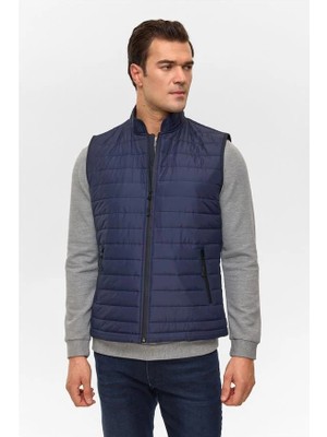 Süvari Lacivert Slim Dik Yaka Düz Cepsiz Fermuarlı Dolgusuz Standart Mont