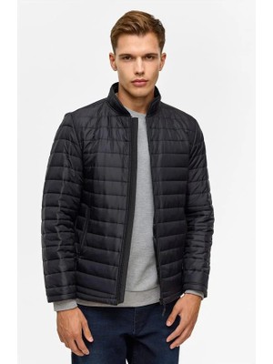 Süvari Siyah Slim Dik Yaka Düz Yan Cepli Fermuarlı Kapitone Standart Mont