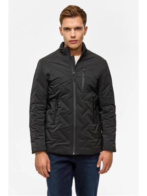 Süvari Siyah Slim Dik Yaka Düz Cepsiz Fermuarlı Kapitone Standart Mont