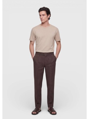 Ramsey Kahverengi Düz Dokuma Jogging Fit Casual %100 Keten Pantolon