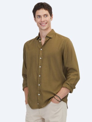 Kip Haki Düz Regular Fit Dokuma Casual Pamuk Karışımlı Gömlek