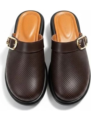 Ne&Ve Shoes Hakiki Deri Iğne Zımba Detaylı Tokalı Kadın Sabo Terlik