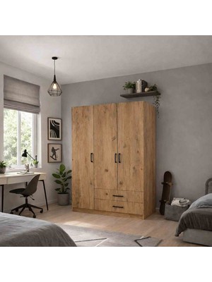 Midoser Yaman Açık Ceviz 3 Kapılı 2 Çekmeceli Elbise Dolabı - Gardırop