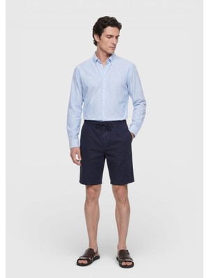 Ramsey Lacivert Düz Dokuma Jogging Fit Casual Keten Karışımlı Bermuda