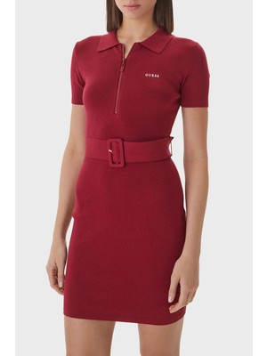 Guess Laurene Slim Fit Kemer Detaylı Fermuarlı Polo Yaka Triko Elbise V6RK08Z4642 Bayan Elbise V6RK08 Z4642 G5B7