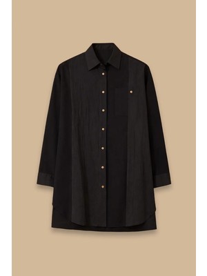 Seçil Kadın Çift Kumaşlı Düğmeli Tunik - Siyah