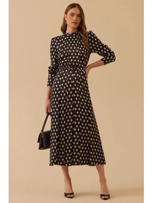 Seçil Kadın Desenli Kemer Detaylı Elbise - Siyah