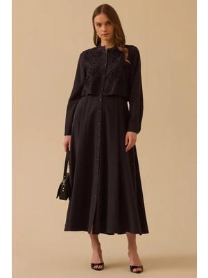 Seçil Kadın Katmanlı Nakış Detaylı Elbise - Siyah