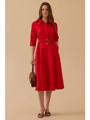 Seçil Kadın Kemerli Pile Detaylı Elbise - Kırmızı