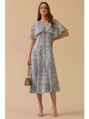 Seçil Kadın V Yaka Pelerin Detaylı Elbise - Mavi