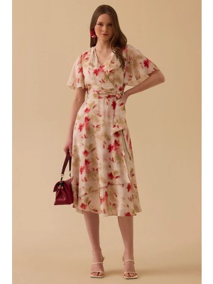 Seçil Kadın Çiçek Desenli Kuşaklı Elbise - Pudra