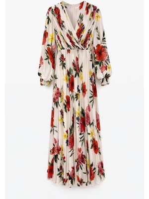 Senna Design Kadın Desenli Portofino Elbise - Ekru