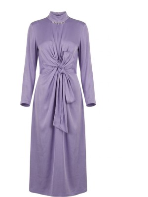Senna Design Kadın Yakası Taşlı Belden Düğümlü Saten Midi Elbise - Lila
