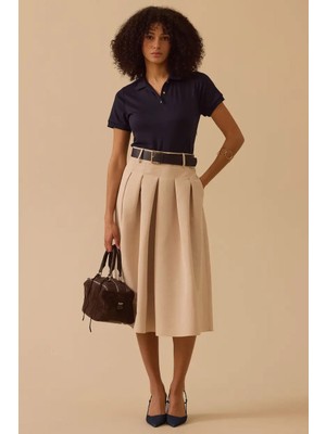 Seçil Kadın Polo Yaka Çift Parça Görünümlü Pileli Elbise - Lacivert