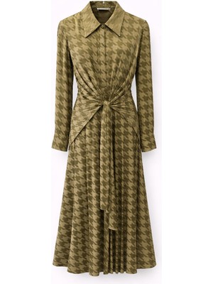 Senna Design Kadın Belden Düğümlü Desenli Uzun Kollu Elbise