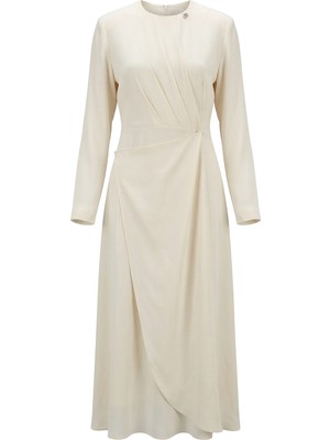 Senna Design Kadın Fame Drape Detaylı Uzun Kollu Elbise - Krem