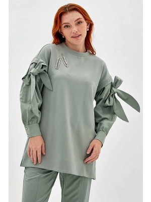 Kayra Kadın Kolları Detaylı Tunik  Yeşil