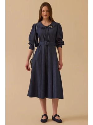 Seçil Kadın Aksesuarlı Kemerli Jean Elbise - Lacivert