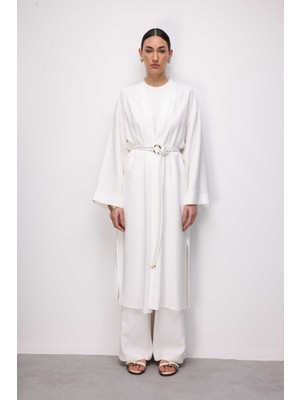 Mizalle Viskoz Kemerli Beyaz Kimono