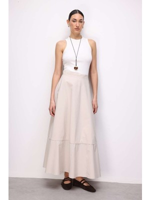 Mizalle Pamuklu Evaze Volanlı Maksi Bej Rengi Etek