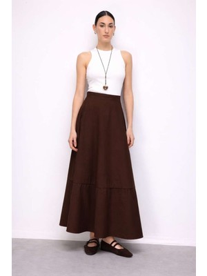 Mizalle Pamuklu Evaze Volanlı Maksi Kahverengi Etek