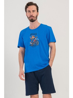 Vienetta Erkek Kısa Kol Mavi %100 Pamuk Şortlu Pijama Takımı C9T3N4804