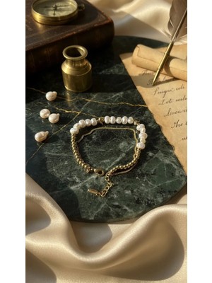 Solène Incili Altın Kaplama İnci-Rose Gold İkili Bileklik