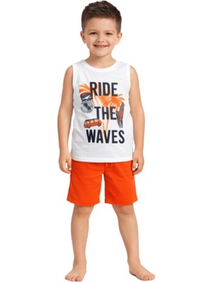 Onymino Erkek Çocuk Turuncu Şortlu Yazlık Takım – Baskılı Atlet Tişört 2’li Set (Ride The Waves)
