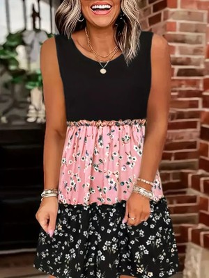 Bizcomoda Kadın Askılı Yuvarlak Yaka Çiçek Baskılı Salaş Süprem Elbise