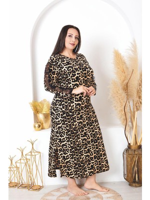 REN Kadın Büyük Beden Uzunkol Gecelik, Leopar Desenli Uzun Gecelik, Eteği Yırtmaçlı Viskon Kumaş
