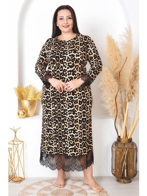 REN Kadın Büyük Beden Uzunkol Gecelik, Leopar Desenli Uzun Gecelik, Etek ve Bilek Tül Detay, Yırtmaçlı Viskon Kumaş
