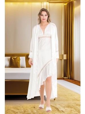 REN Kadın 2'li Uzun Saten Gecelik Sabahlık Set, Saten Gecelik Eteği Asimetrik Kesim