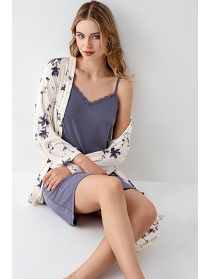 Arnetta Kadın Gecelik Sabahlık Takım, Desenli Sabahlık, Düz Gecelik, %50 Modal %50 Pamuk