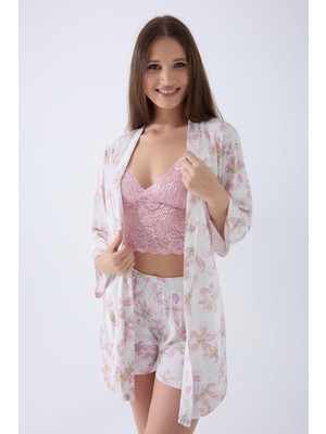 Arnetta Kadın %50 Pamuk %50 Modal 3’lü Dantelli Şort Pijama & Sabahlık Seti – Hafif, Nefes Alan Ev Giyim Takımı