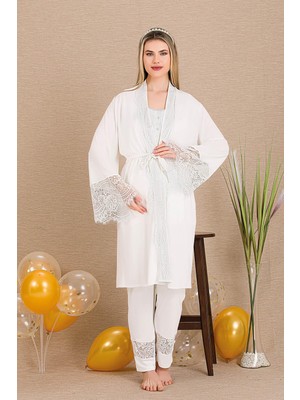 REN Kadın Dantel Güpür Detaylı 3'lü Hamile Lohusa Pijama Takım, Hamile Lohusa Sabahlık ve Pijama Set