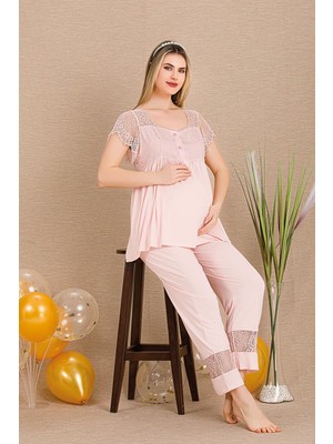 REN Kadın 2'li Hamile Lohusa Pijama Takım, Emzirme Düğmeli, Kol ve Omuz Dantelli