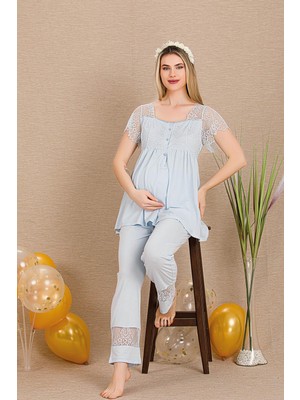REN Kadın 2'li Hamile Lohusa Pijama Takım, Emzirme Düğmeli, Kol ve Omuz Dantelli