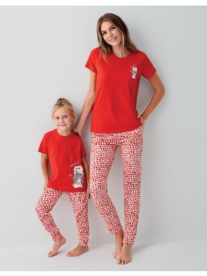 Arnetta Anne ve Çocuk Pijamaları Ayrı Ayrı Satılır, %100 Pamuk, Kırmızı Kalpli Desen, Anne Kız Pijama Takımı Kombini