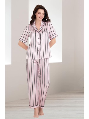 REN Kadın Pembe Siyah Çizgili Kısakol Saten Düğmeli Gömlek Pijama Takım