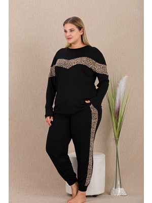 REN Kadın Siyah Leopar Detay Büyük Beden Pijama Takım, Uzunkollu, Cepli, Dar Paçalı , Viskon Kumaş