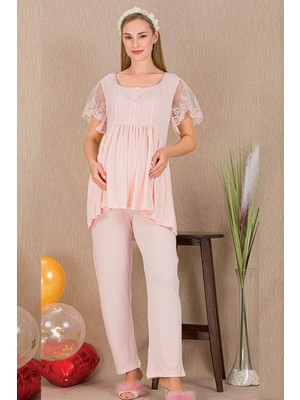 REN Kadın 2'li Kısa Kol Hamile Lohusa Pijama Takım, Kolları Tül Dantel Detay, Emzirme Düğmeli