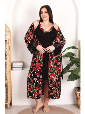 REN Büyük Beden Kadın Askılı Siyah ve Çiçek Baskılı Gecelik Sabahlık Takım, Viskon Kumaş