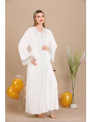 REN Kadın Dantel Detaylı 3'lü Hamile Lohusa Pijama Takım, Hamile Lohusa Uzun Sabahlık ve Pijama Takımı