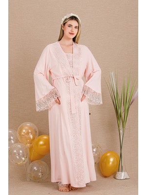 REN Kadın Dantel Detaylı 3'lü Hamile Lohusa Pijama Takım, Hamile Lohusa Uzun Sabahlık ve Pijama Takımı