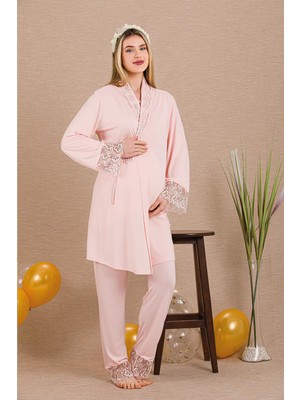 REN Kadın Dantel Detaylı 3'lü Hamile Lohusa Pijama Takım, Hamile Lohusa Sabahlık ve Pijama Takımı