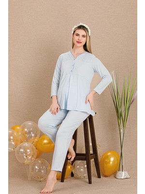 REN Kadın 2'li Uzun Kol Hamile Lohusa Pijama Takım, Emzirme Düğmeli, Omuzları Dantelli