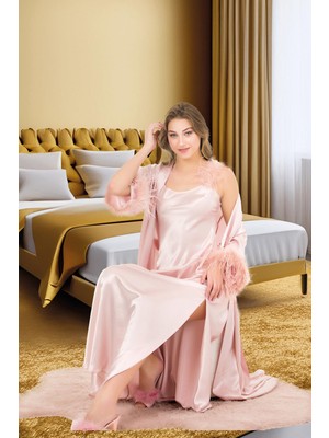 REN Kadın Fantazi Saten Tüylü Gecelik ve Saten Sabahlık Takım, Saten Gecelik Yırtmaçlı